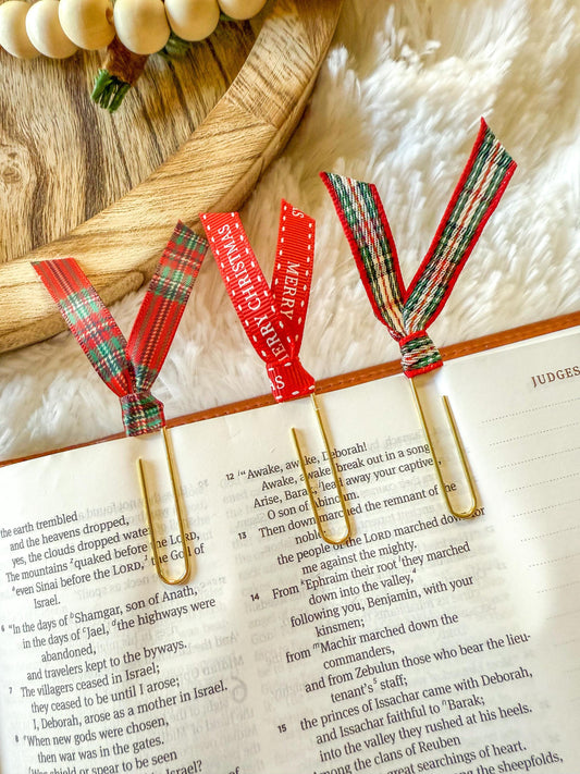 Plaid Cozy Christmas Ribbon Paperclip Page Marker Bookmarks, Set of 3