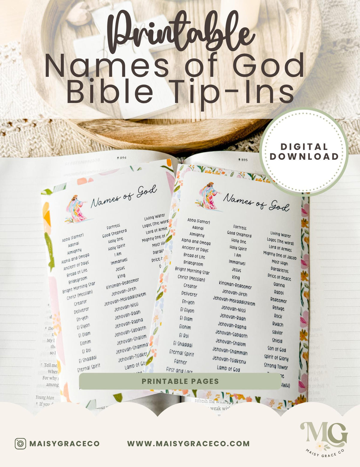 Names of God Grace Floral Printable Bible Tip-Ins Digital Download