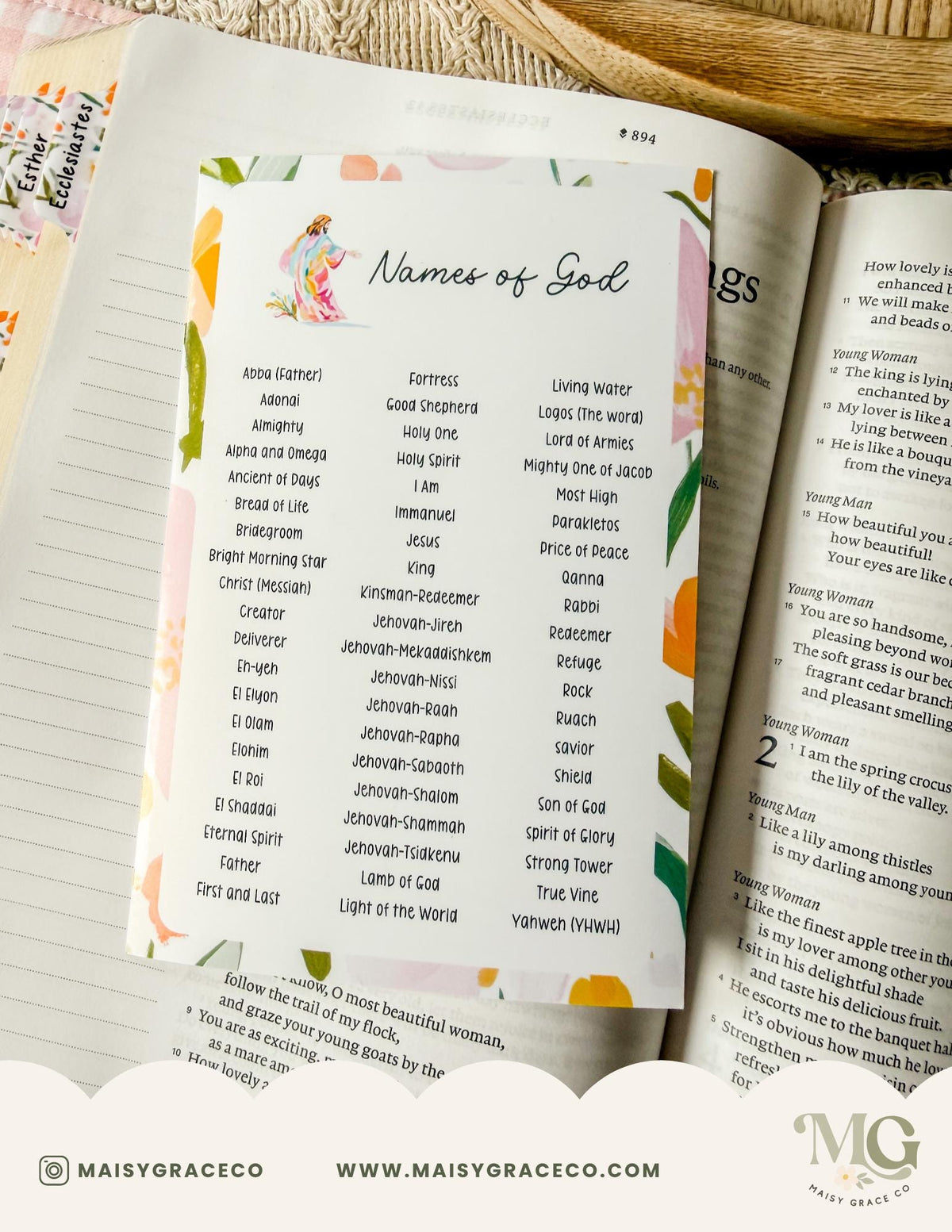Names of God Grace Floral Printable Bible Tip-Ins Digital Download