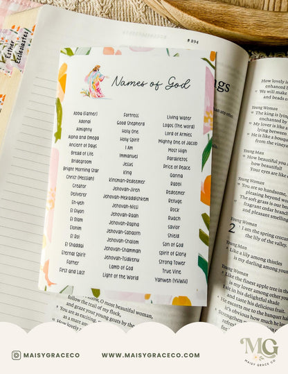 Names of God Grace Floral Printable Bible Tip-Ins Digital Download