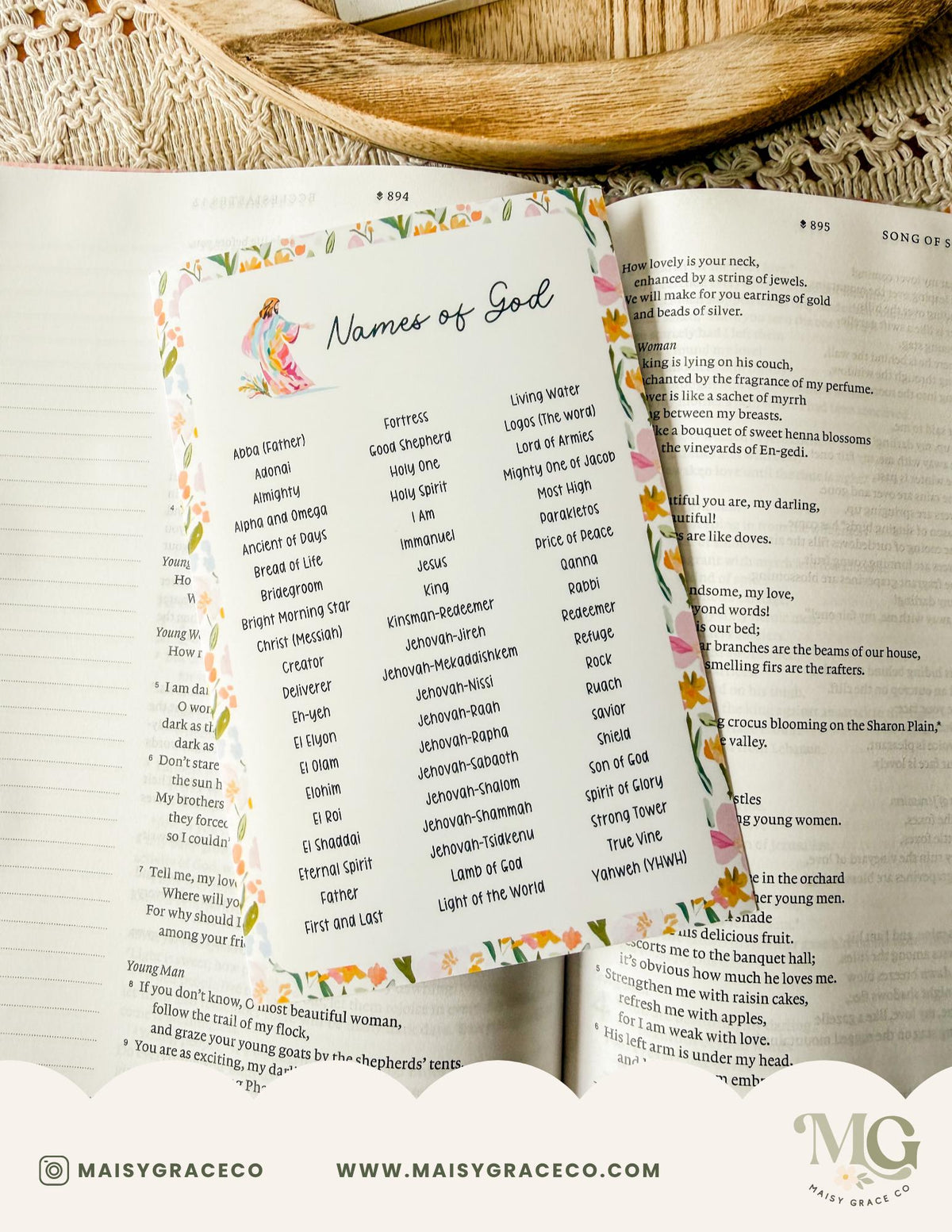 Names of God Grace Floral Printable Bible Tip-Ins Digital Download