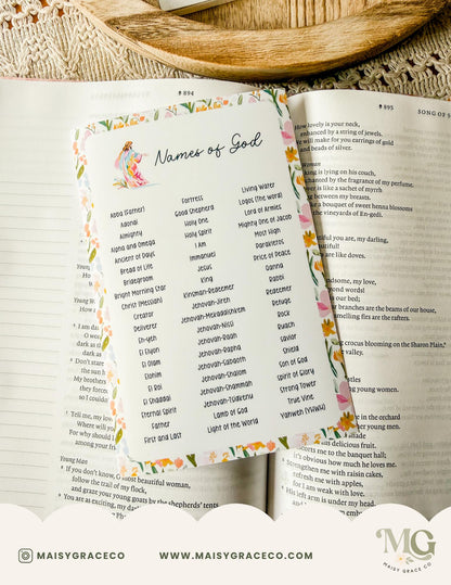 Names of God Grace Floral Printable Bible Tip-Ins Digital Download