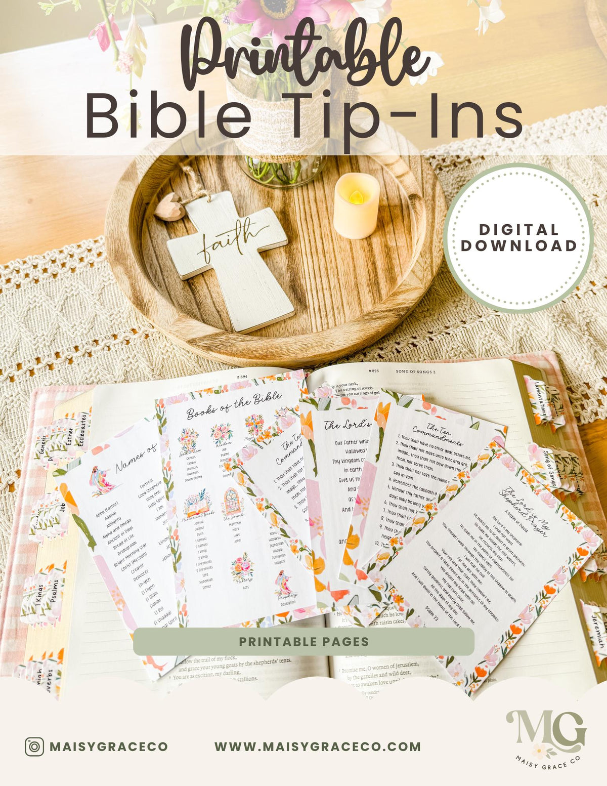 Bible Tip-Ins Printable Digital Download Grace Floral Collection