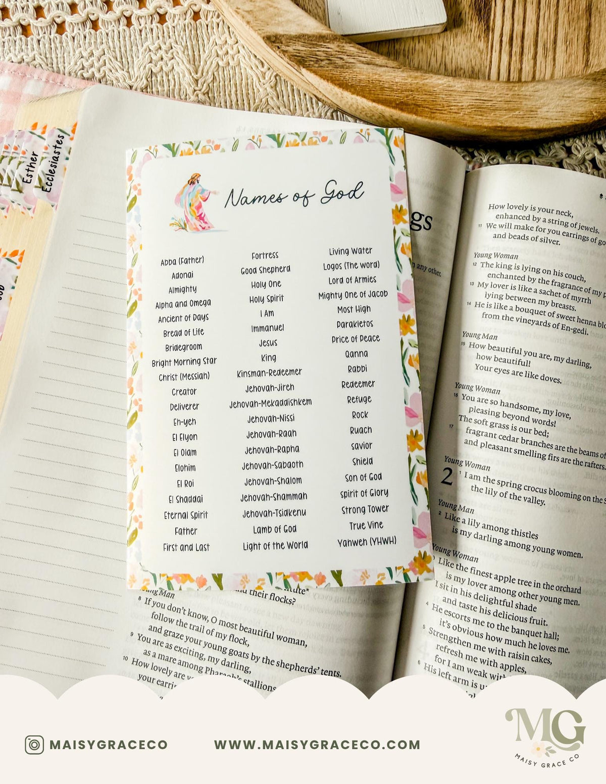 Names of God Grace Floral Printable Bible Tip-Ins Digital Download