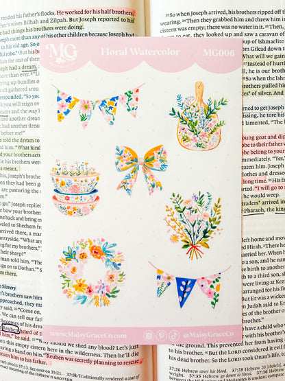 Watercolor Floral Bible Journaling Sticker Sheet Grace Floral Collection