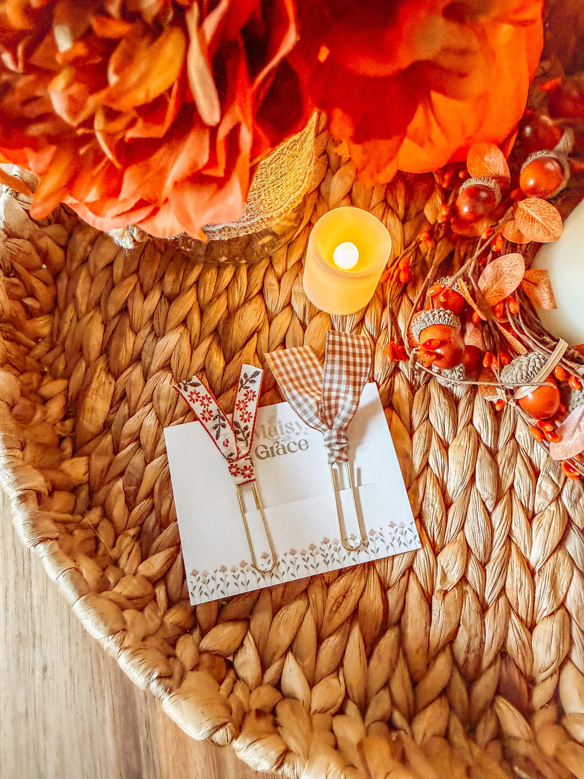 Boho Fall Floral and Gingham Paperclip Page Marker Bookmarks, Set of 2