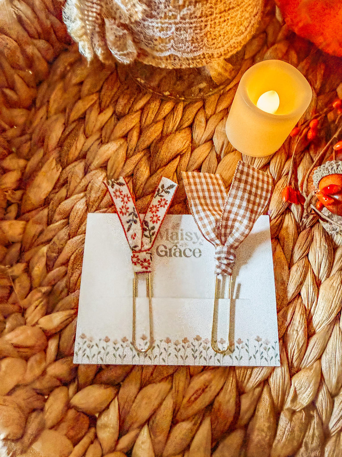 Boho Fall Floral and Gingham Paperclip Page Marker Bookmarks, Set of 2