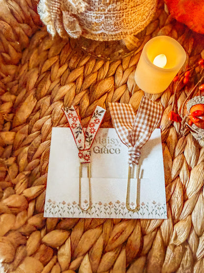 Boho Fall Floral and Gingham Paperclip Page Marker Bookmarks, Set of 2