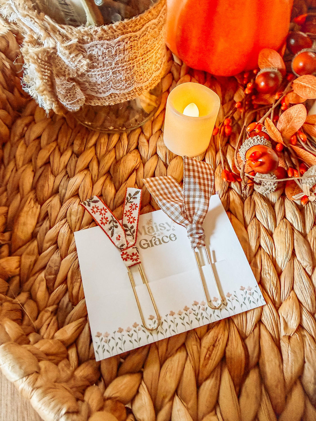 Boho Fall Floral and Gingham Paperclip Page Marker Bookmarks, Set of 2