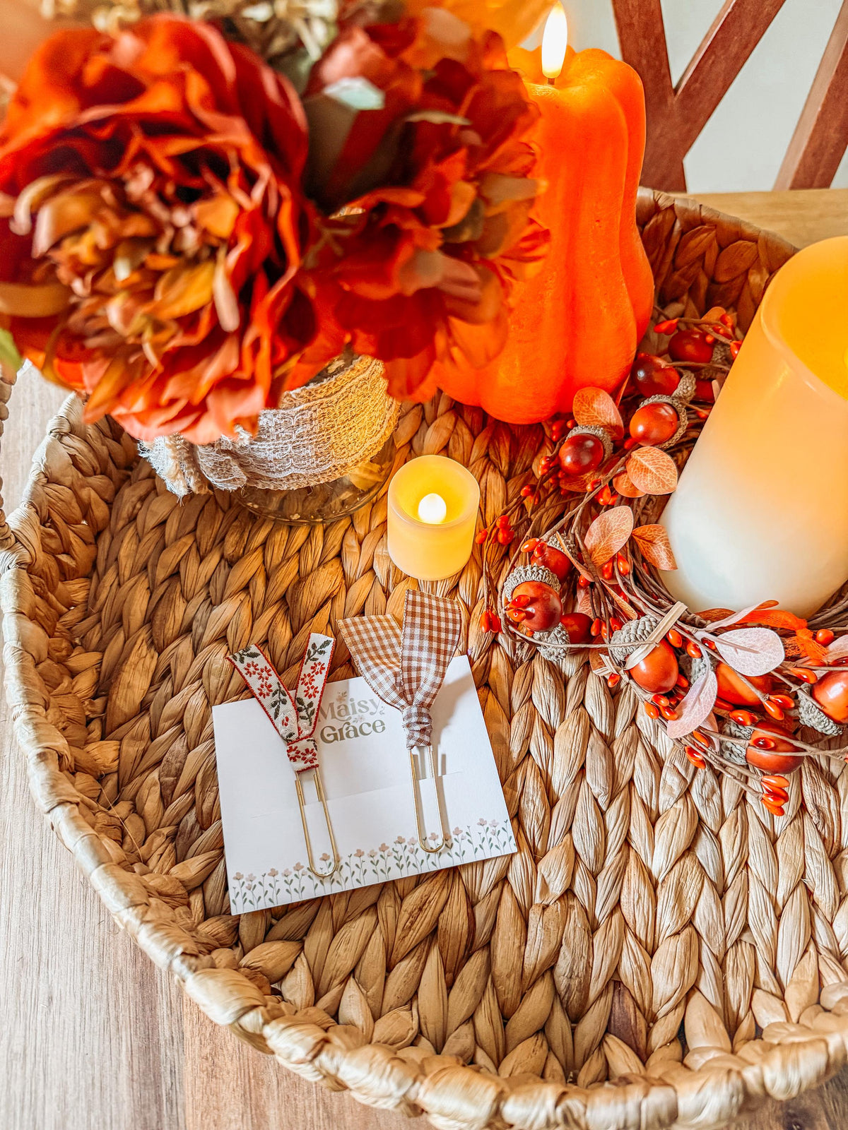Boho Fall Floral and Gingham Paperclip Page Marker Bookmarks, Set of 2