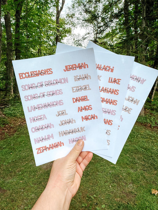 Boho Books of the Bible Header Stickers, Neutral Colors, 66 Books Plus Catholic Deuterocanonical Books