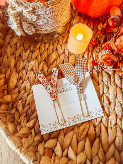 Boho Fall Floral and Gingham Paperclip Page Marker Bookmarks, Set of 2