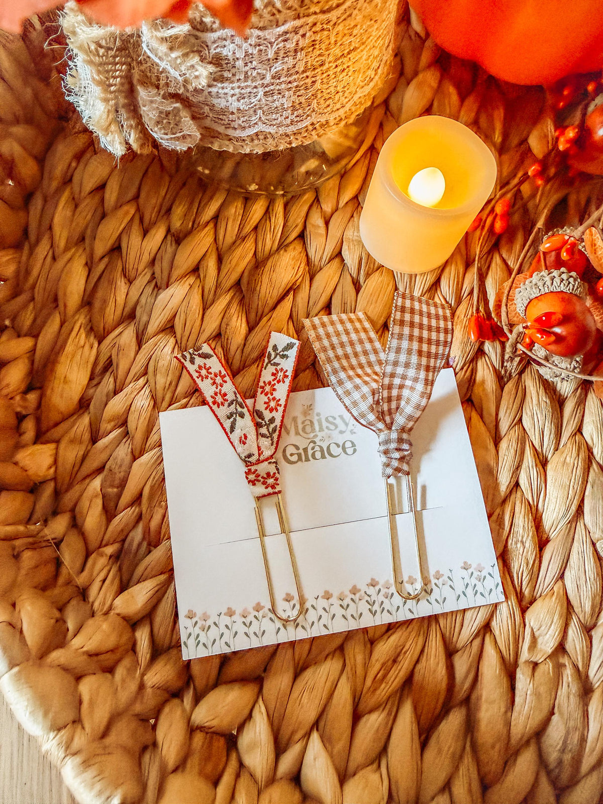 Boho Fall Floral and Gingham Paperclip Page Marker Bookmarks, Set of 2
