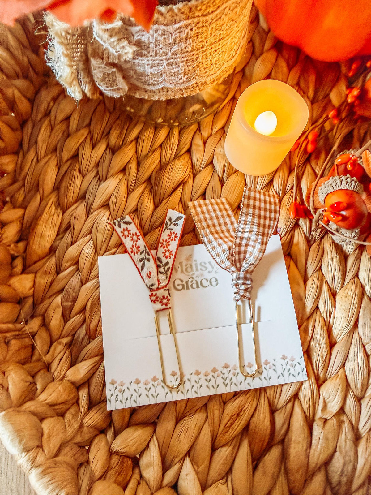 Boho Fall Floral and Gingham Paperclip Page Marker Bookmarks, Set of 2